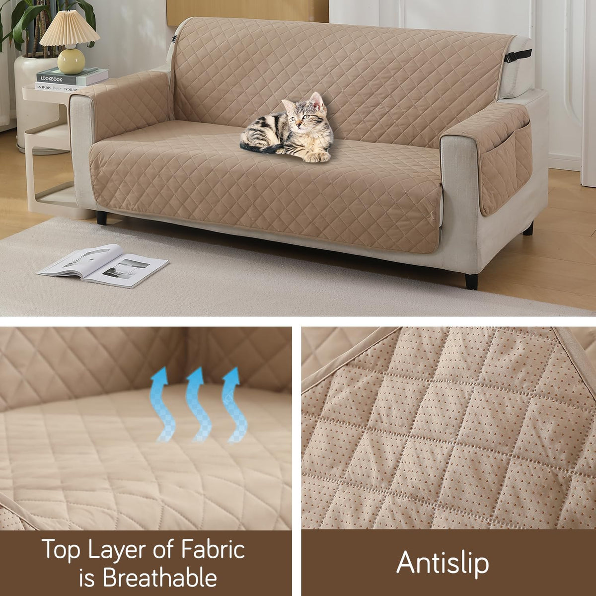 Beige colour Quilted Waterproof Sofa Protector for 3 Seater – Durable, Comfortable & Anti-Slip