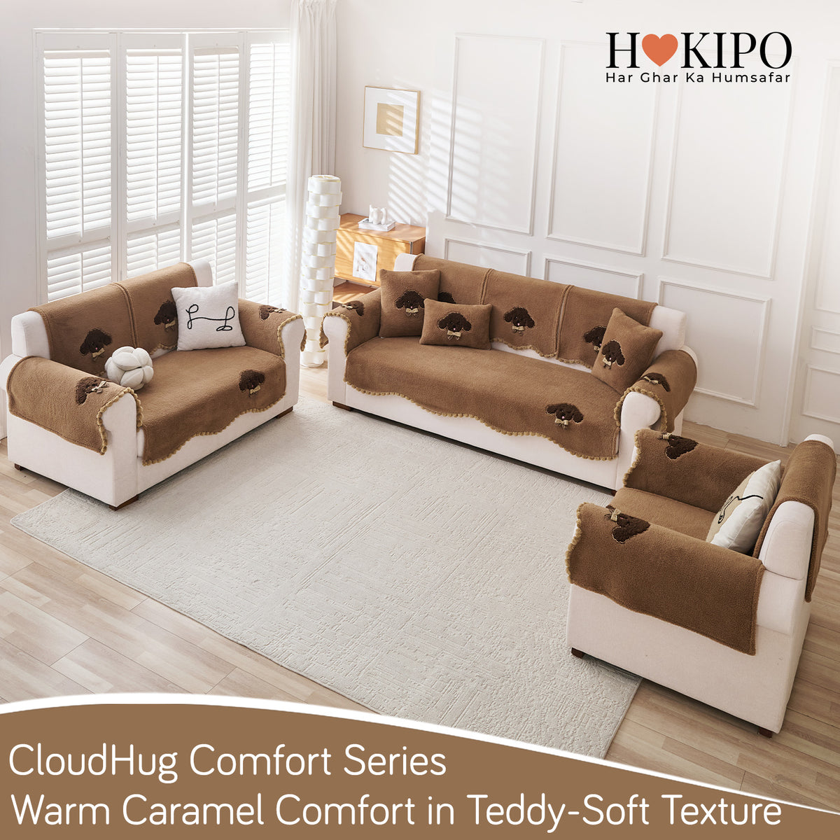CloudHug Plush Sofa Cover Mat with PomPom and Wavy Edges, Mocha Cocoa