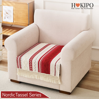 Nordic Boho Geometric Sofa Cover Mat with Tassel, 'Nordic Tassel Series'  Ruby Cream