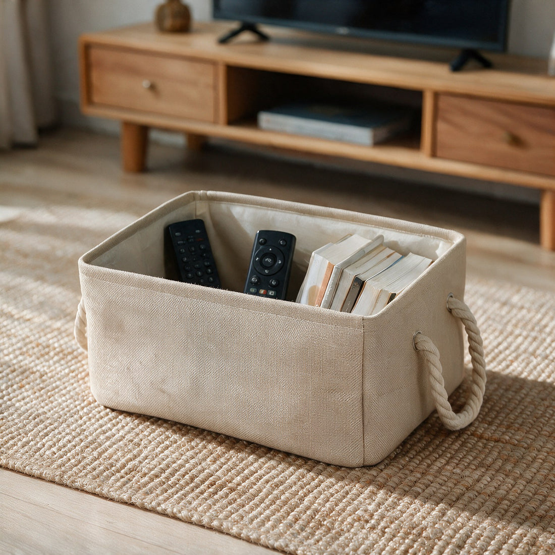 Beige foldable storage basket with remotes and books in a living room