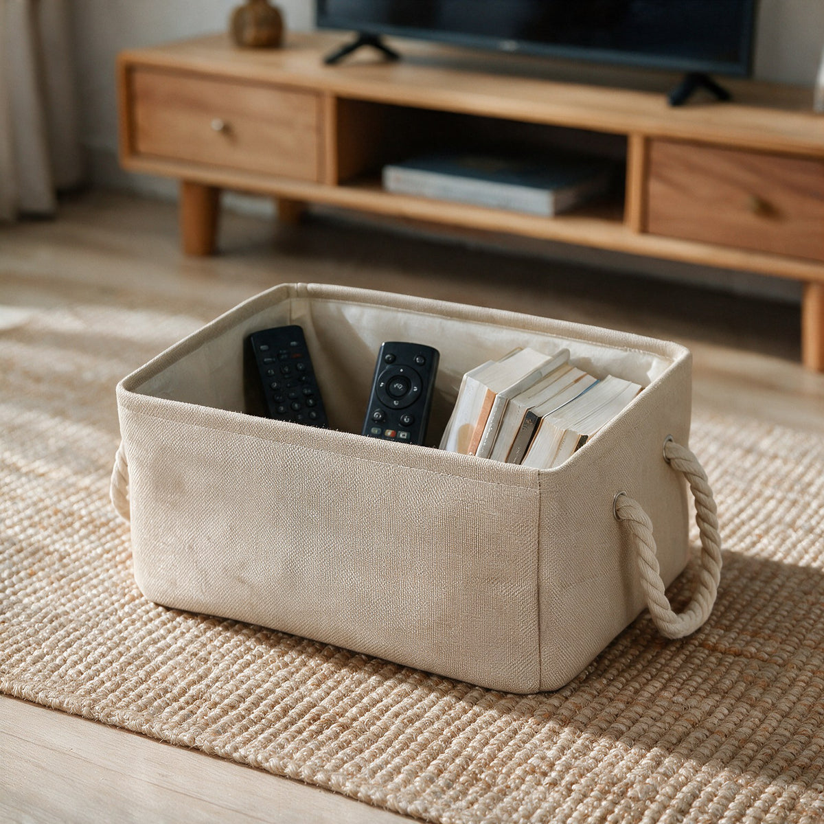 Beige foldable storage basket with remotes and books in a living room