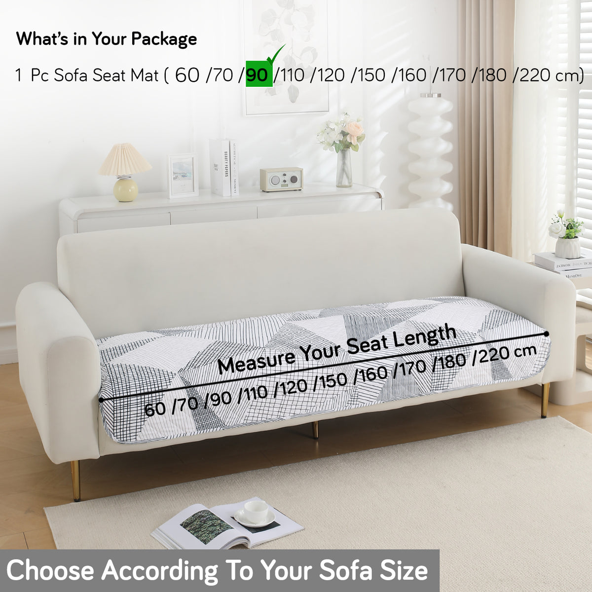 Water Repellent + Waterproof Quilted Sofa Mats, Snow White Black Geometry