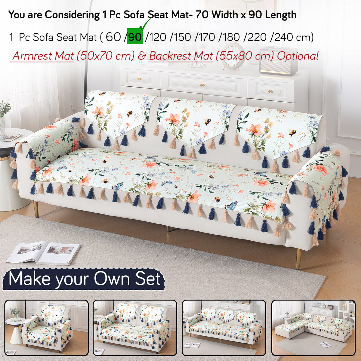 'Whispers of Nature' Series Holland Velvet Sofa Mat with Tassel, Pastel Butterfly Meadow