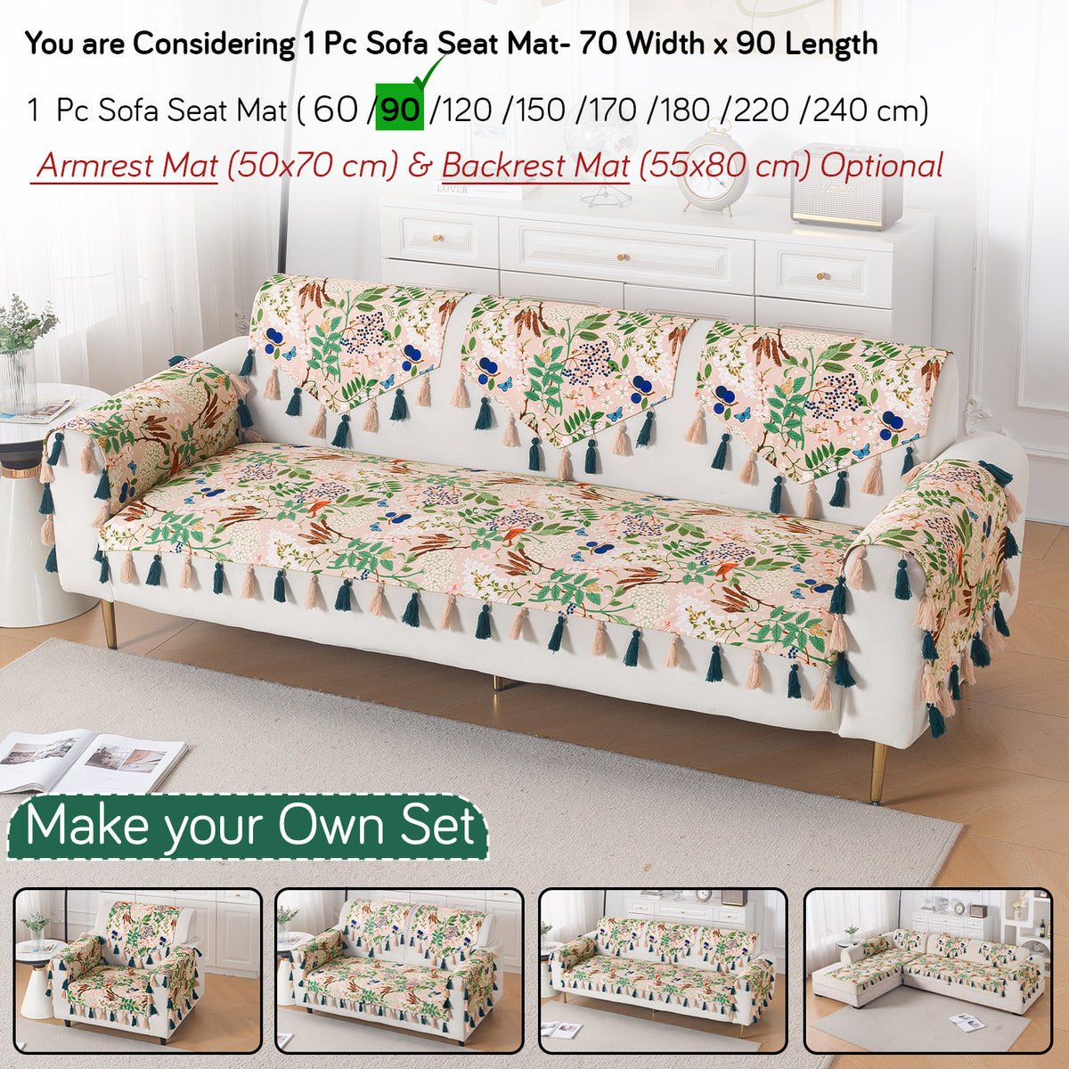 'Whispers of Nature' Series Holland Velvet Sofa Mat with Tassel, Beige Woodland Bloom