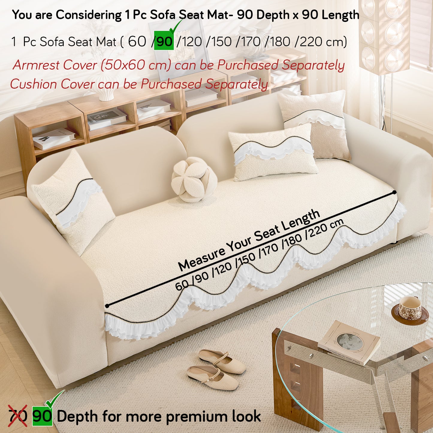 French Classic Frill Wavy Sofa Cover Mat, Snow White Ivory