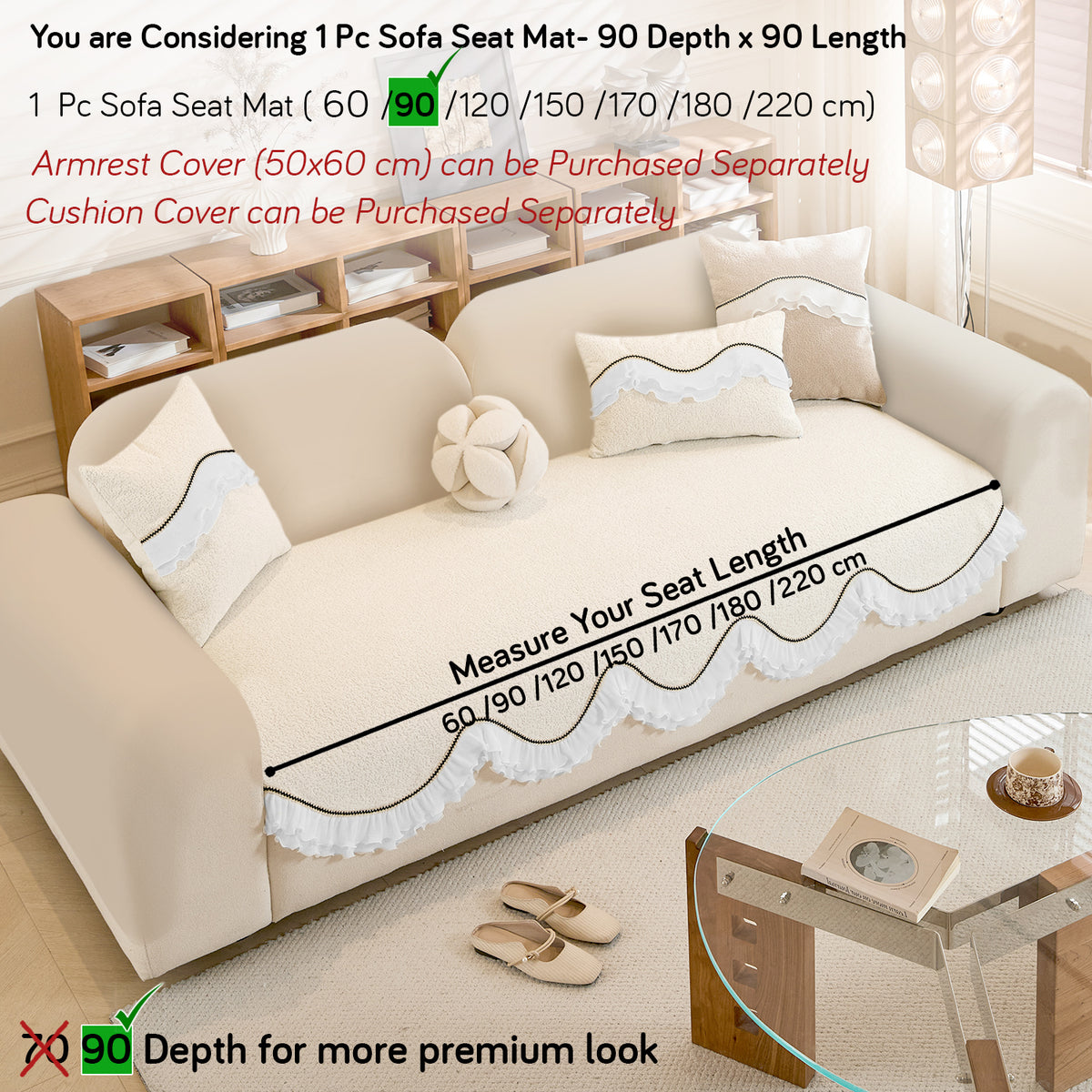 French Classic Frill Wavy Sofa Cover Mat, Snow White Ivory