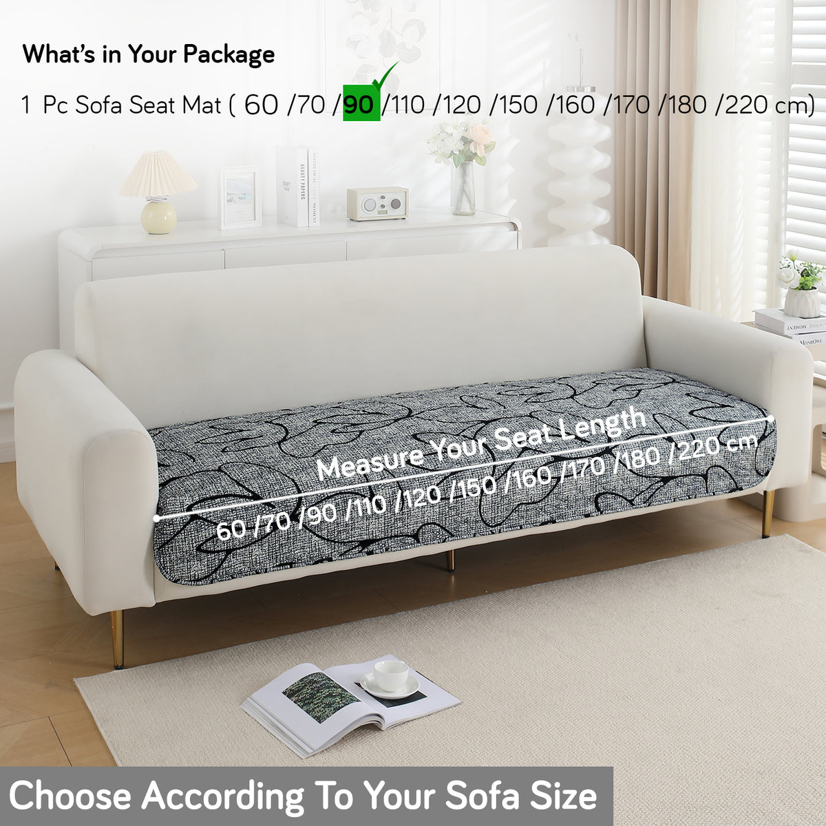 Water Repellent + Waterproof Quilted Sofa Mats, Intense Grey Abstract Floral