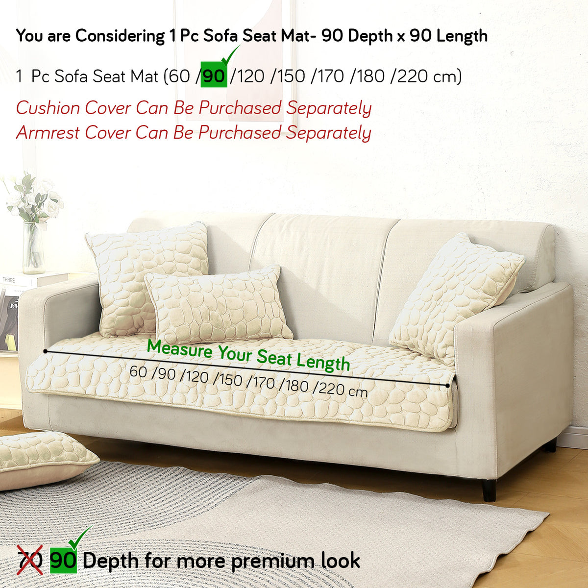 Premium Pebble Milk Velvet Anti Slip Sofa Mats, Bliss White
