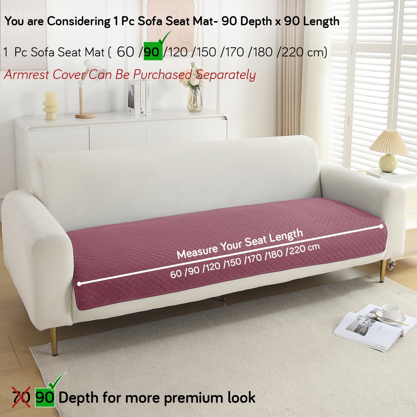 Polyester Quilted Sofa Cover Mats, Mauve Pink