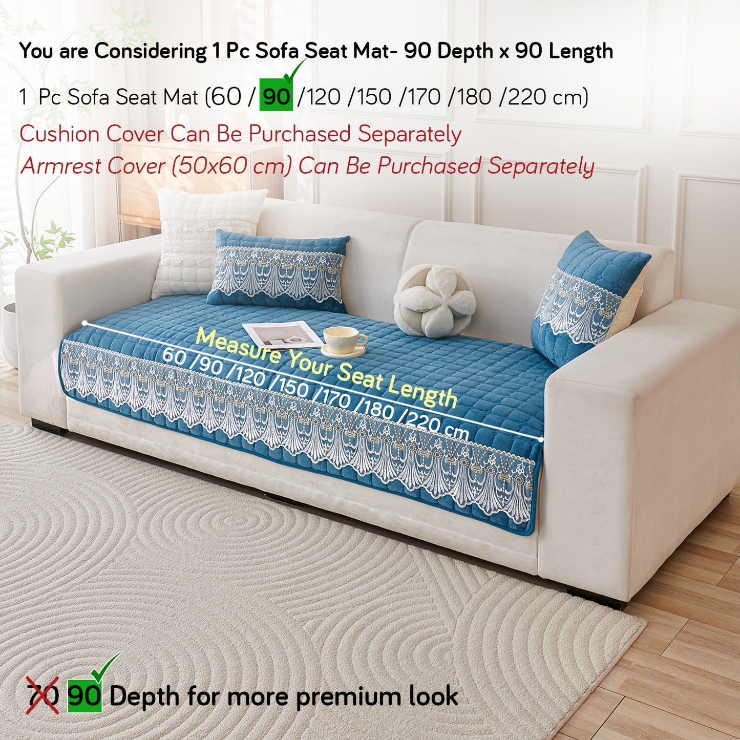 BelleLace Series Imperial Milk Velvet Sofa Cover Mat with Lace Design - Celdaon Blue