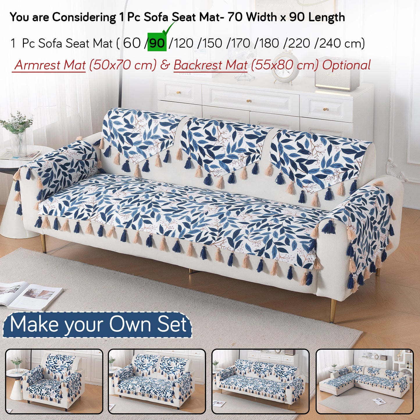 'Whispers of Nature' Series Holland Velvet Sofa Mat with Tassel, Indigo Foliage