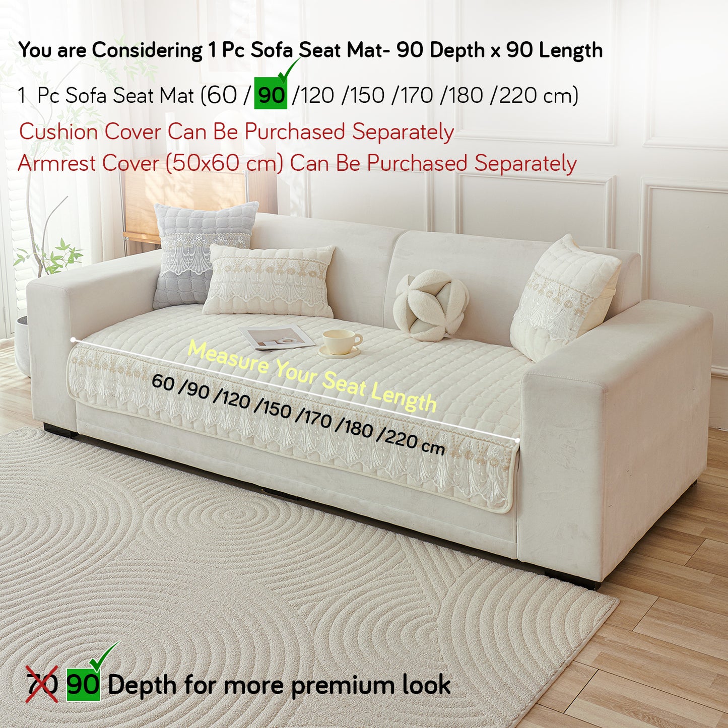 BelleLace Series Premium Imperial Milk Velvet Sofa Cover Mat with Lace Design -  Pearl White