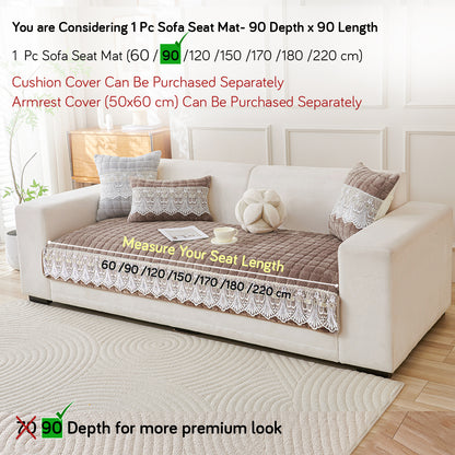 BelleLace Series Premium Imperial Milk Velvet Sofa Cover Mat with Lace Design -  Mocha Brown