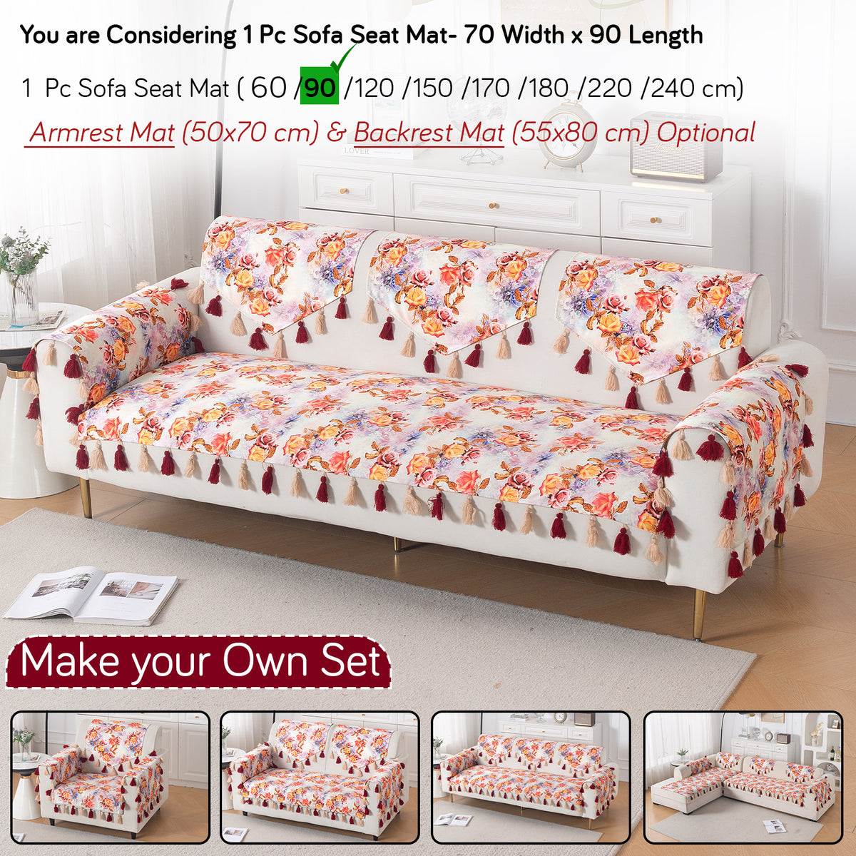 'Whispers of Nature' Series Holland Velvet Sofa Mat with Tassel, Vintage Rose Bloom