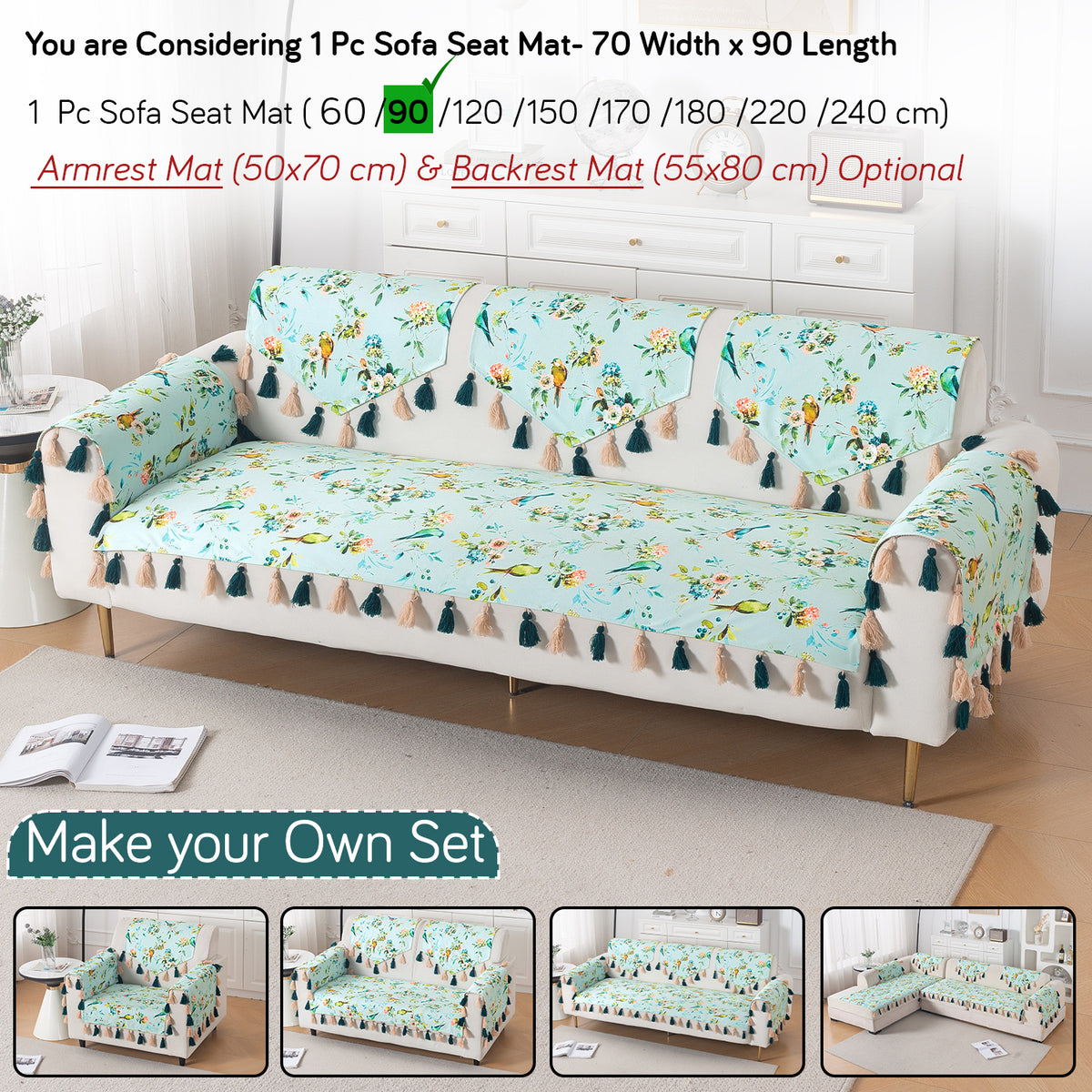 'Whispers of Nature' Series Holland Velvet Sofa Mat with Tassel, Mint Birdsong Blossom