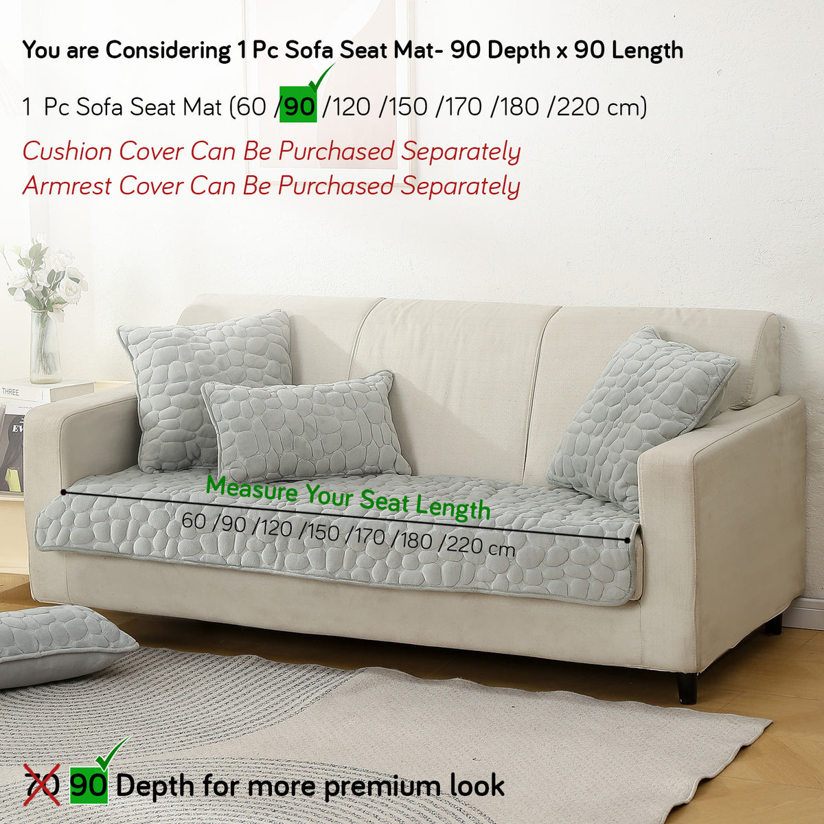 Premium Pebble Milk Velvet Anti Slip Sofa Mats, Moon Grey