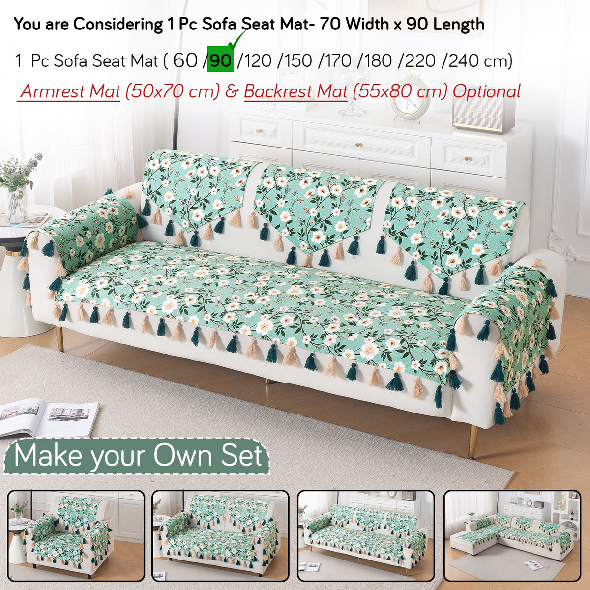 'Whispers of Nature' Series Holland Velvet Sofa Mat with Tassel, Sage Floral Vine