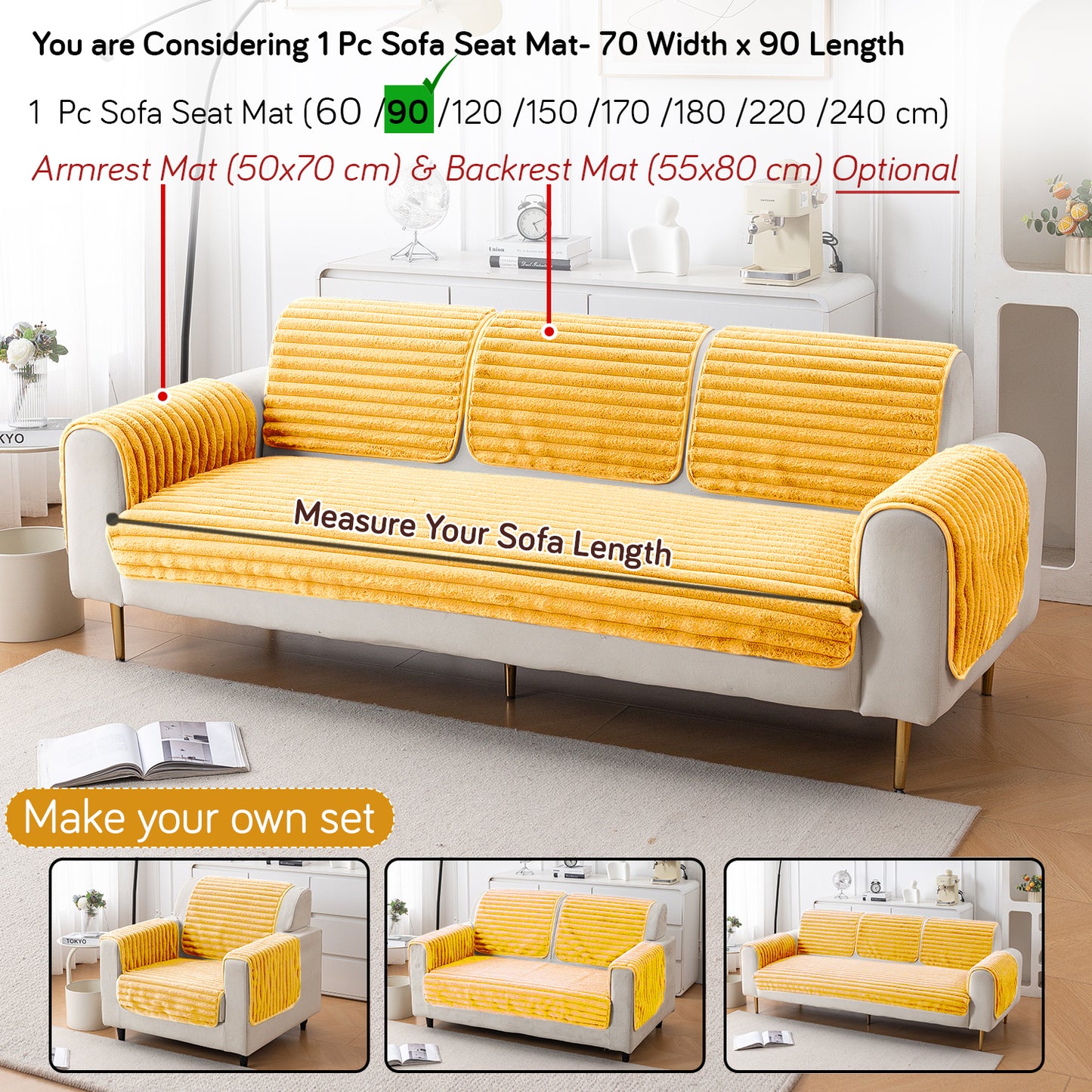 Faux Rabbit Fur Plush Anti-Slip Sofa Mat |Snuggle Fur Mustard Yellow