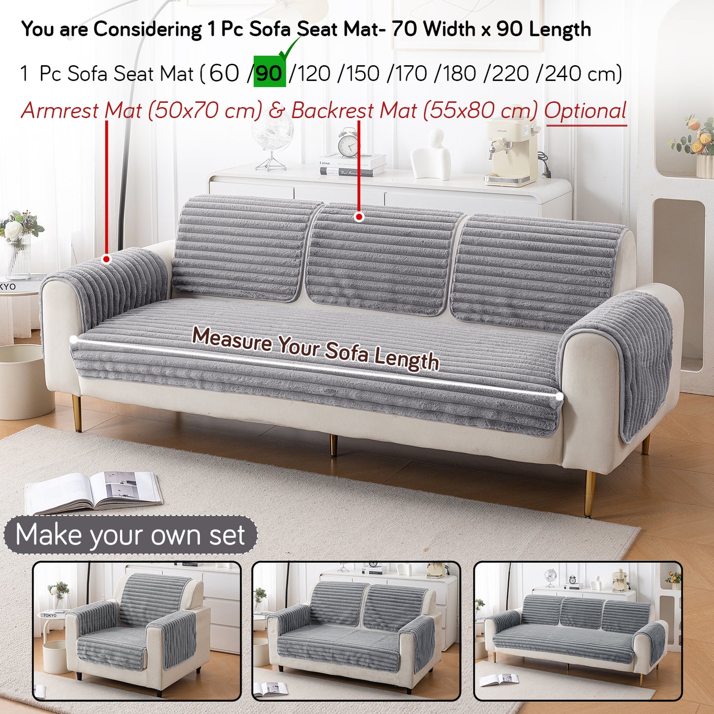 Faux Rabbit Fur Plush Anti-Slip Sofa Mat |Snuggle Fur Grey