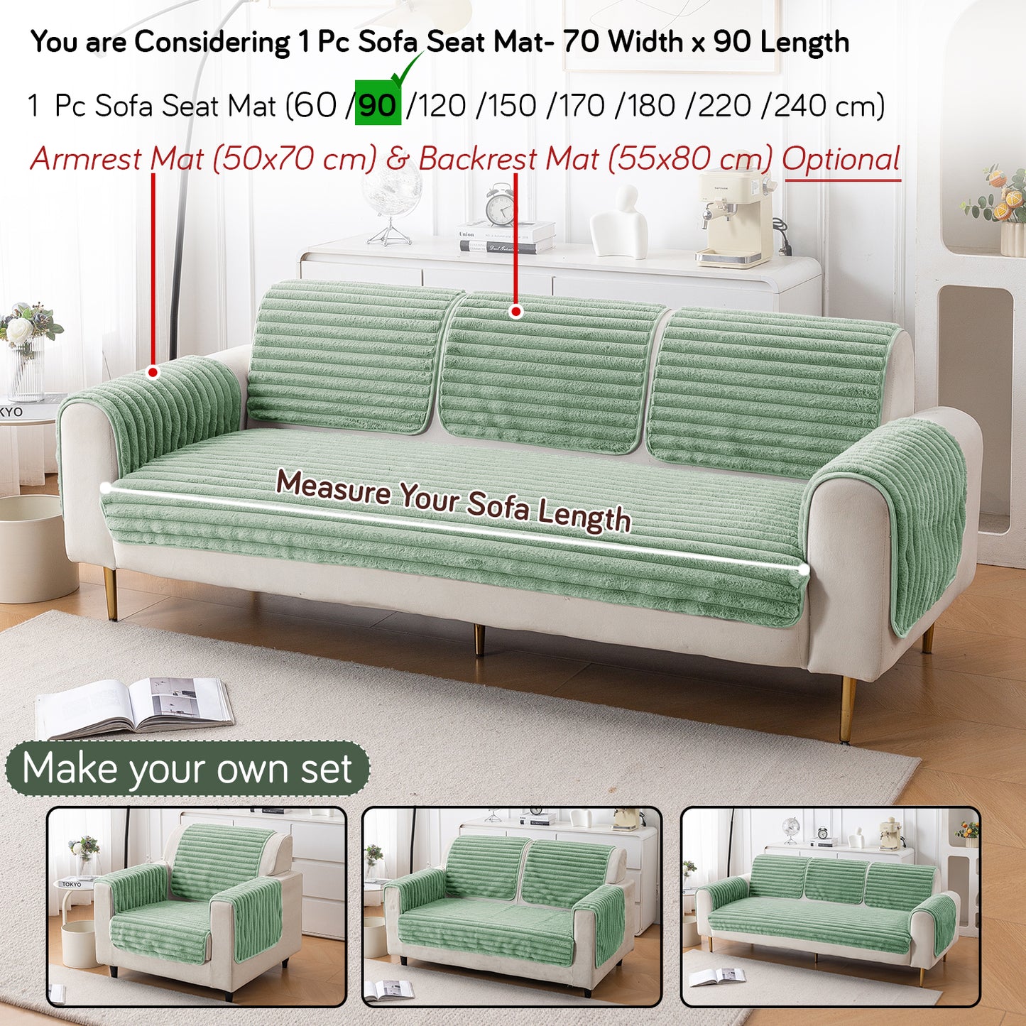 Faux Rabbit Fur Plush Anti-Slip Sofa Mat |Snuggle Fur Sage Green