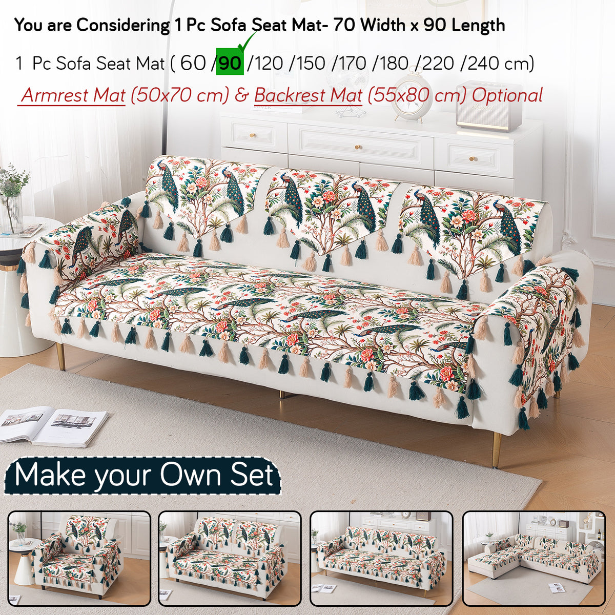 'Whispers of Nature' Series Holland Velvet Sofa Mat with Tassel, Multicolor Tropical Peacock