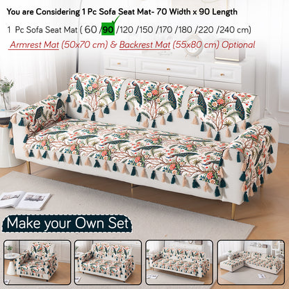 'Whispers of Nature' Series Holland Velvet Sofa Mat with Tassel, Multicolor Tropical Peacock
