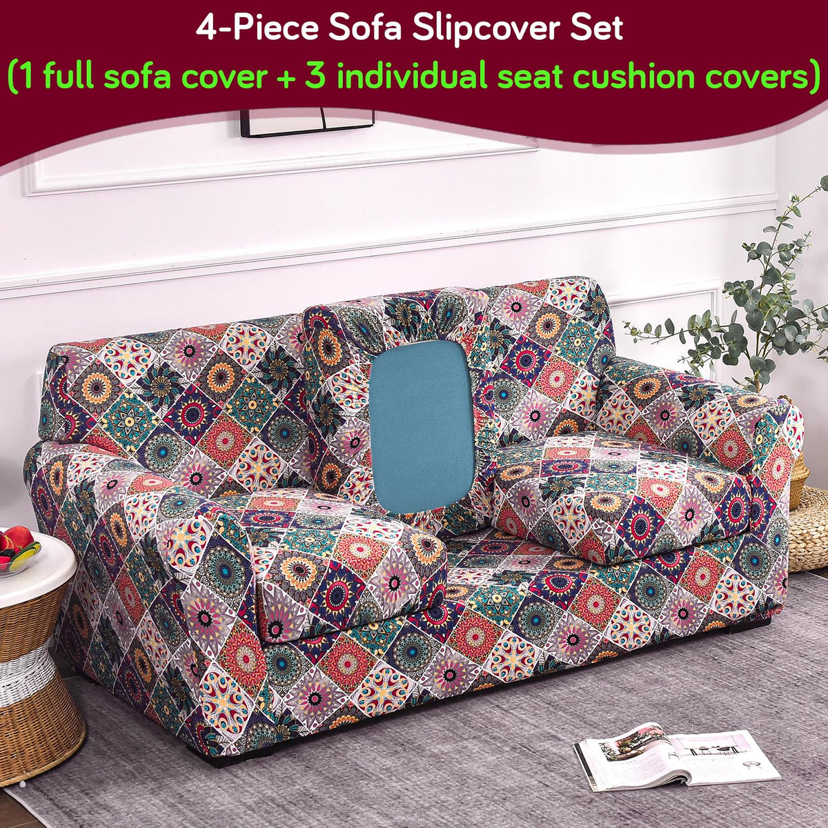 Printed Stretchable Sofa Slipcover with 1/2/3 Pc Separate Seat Cushion Cover for each 1/2/3 Seater, Spectrum Mosaic Magic