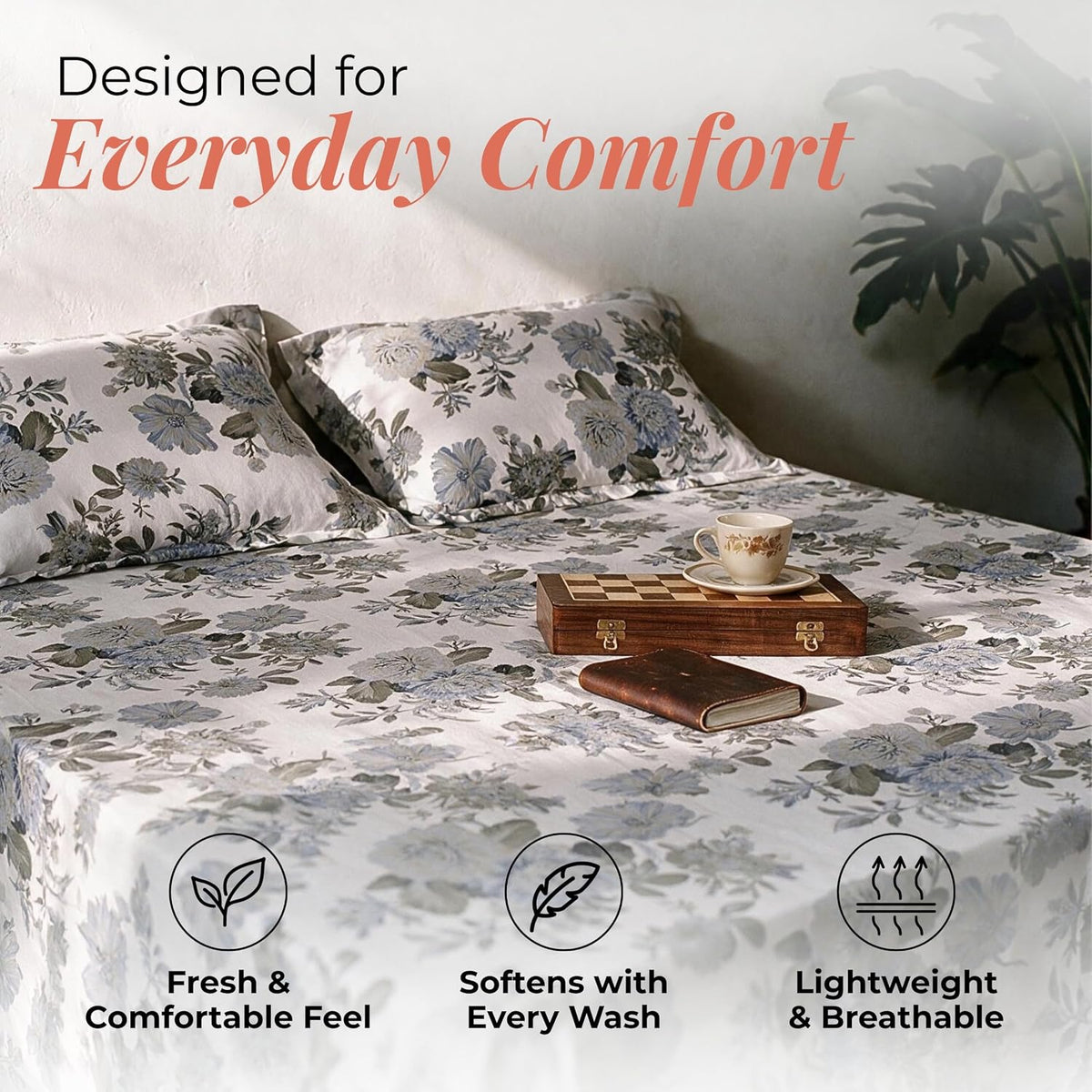 HOKIPO Vintage 180 TC Cotton Percale Flat Bedsheet, King Size, Blue & Grey - image 3