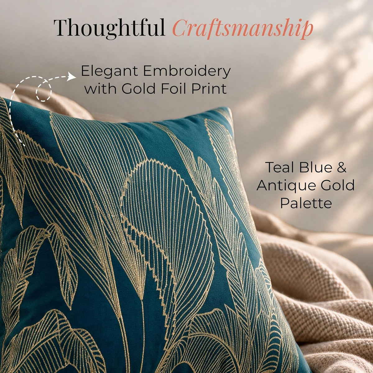 HOKIPO Embroidered Cushion Cover with Foil Print, Tropical Leaf Teal, 16 x 16 in - image 3