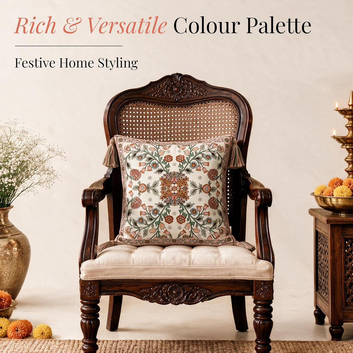 HOKIPO Floral Heritage Printed & Embroidered Cushion Cover, Saffron, Set of 2 - image 5