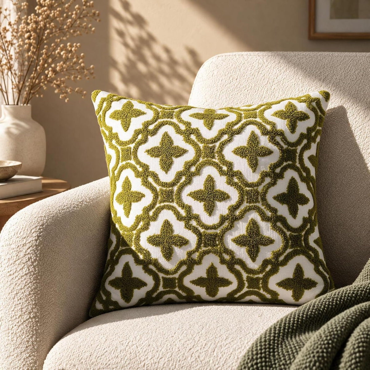 HOKIPO Crewel Bouclé Embroidered Cushion Cover, Green, 16 x 16 in - image 1