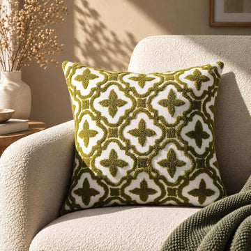 HOKIPO Crewel Bouclé Embroidered Cushion Cover, Green, 16 x 16 in - image 1