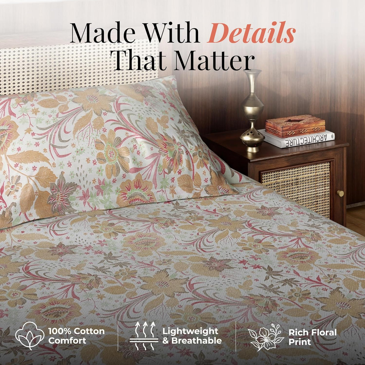 HOKIPO King Size Cotton Bedsheet, 2 Pillow Covers, Etched Floral, Rose Sand - image 4