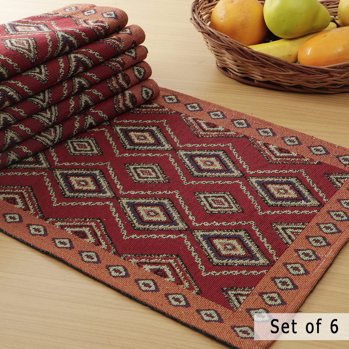 Cotton Jacquard Dining Table Mats, Red Diamond