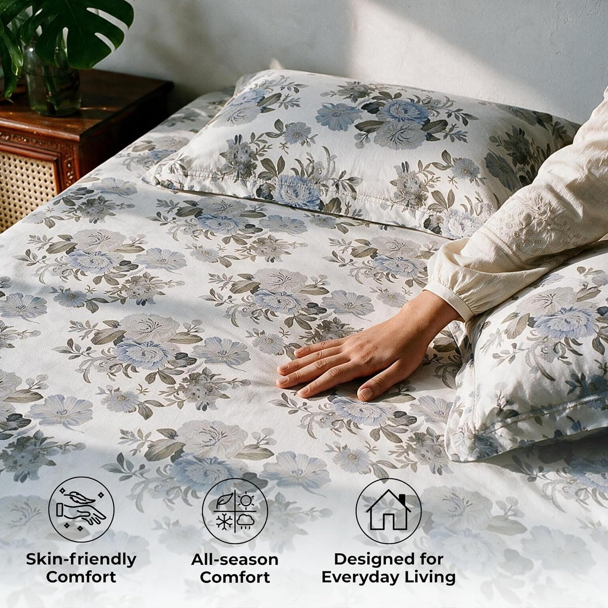 HOKIPO Vintage 180 TC Cotton Percale Flat Bedsheet, King Size, Blue & Grey - image 4