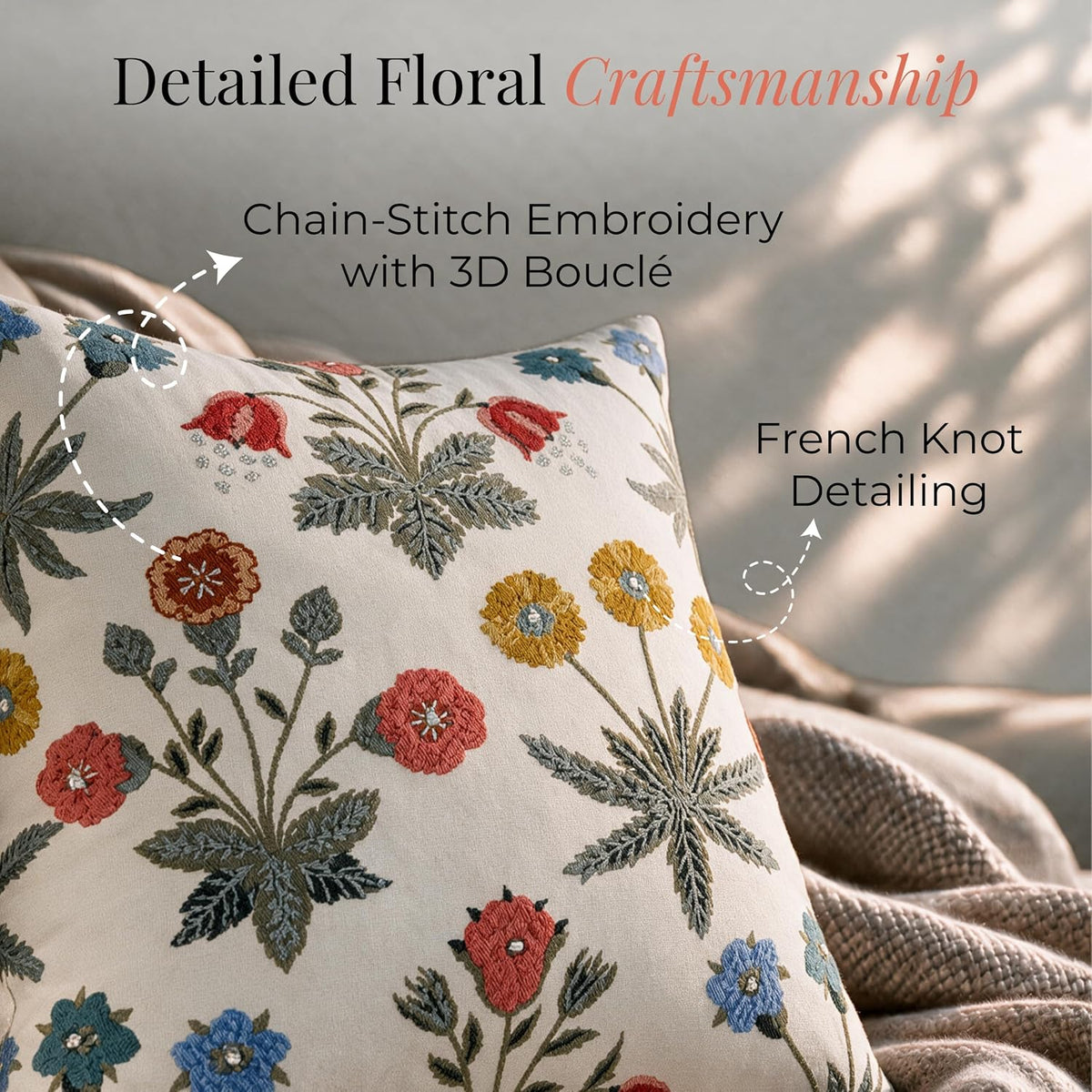 HOKIPO Crewel Embroidered Cushion Cover, Floral Multicolor, 16 x 16 in - image 3
