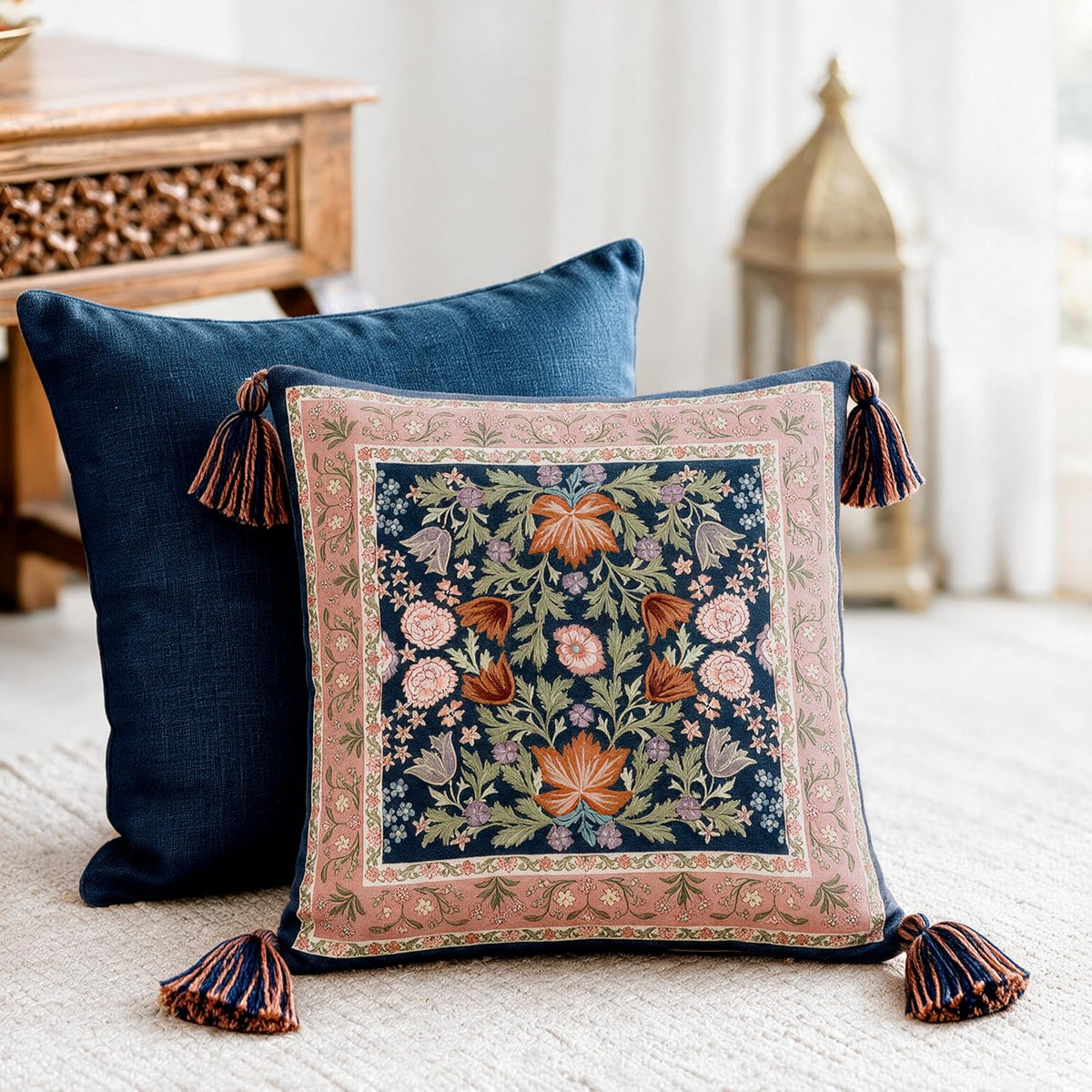 HOKIPO Decorative Floral Printed & Embroidered Cushion Cover, Midnight Navy, Set of 2 - image 8