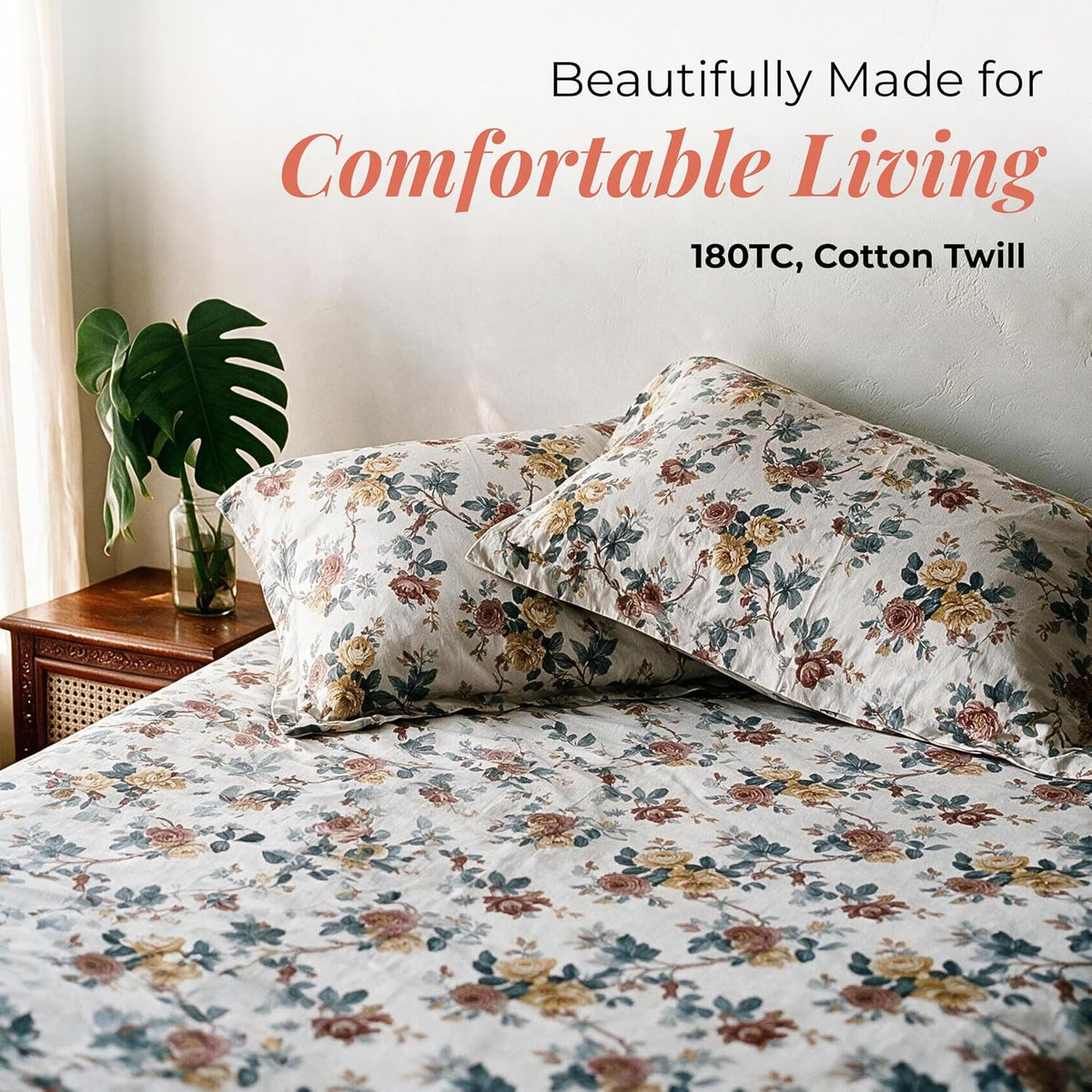HOKIPO Floral 180 TC Cotton Twill Flat Bedsheet in King Size, Blue & Red - image 2