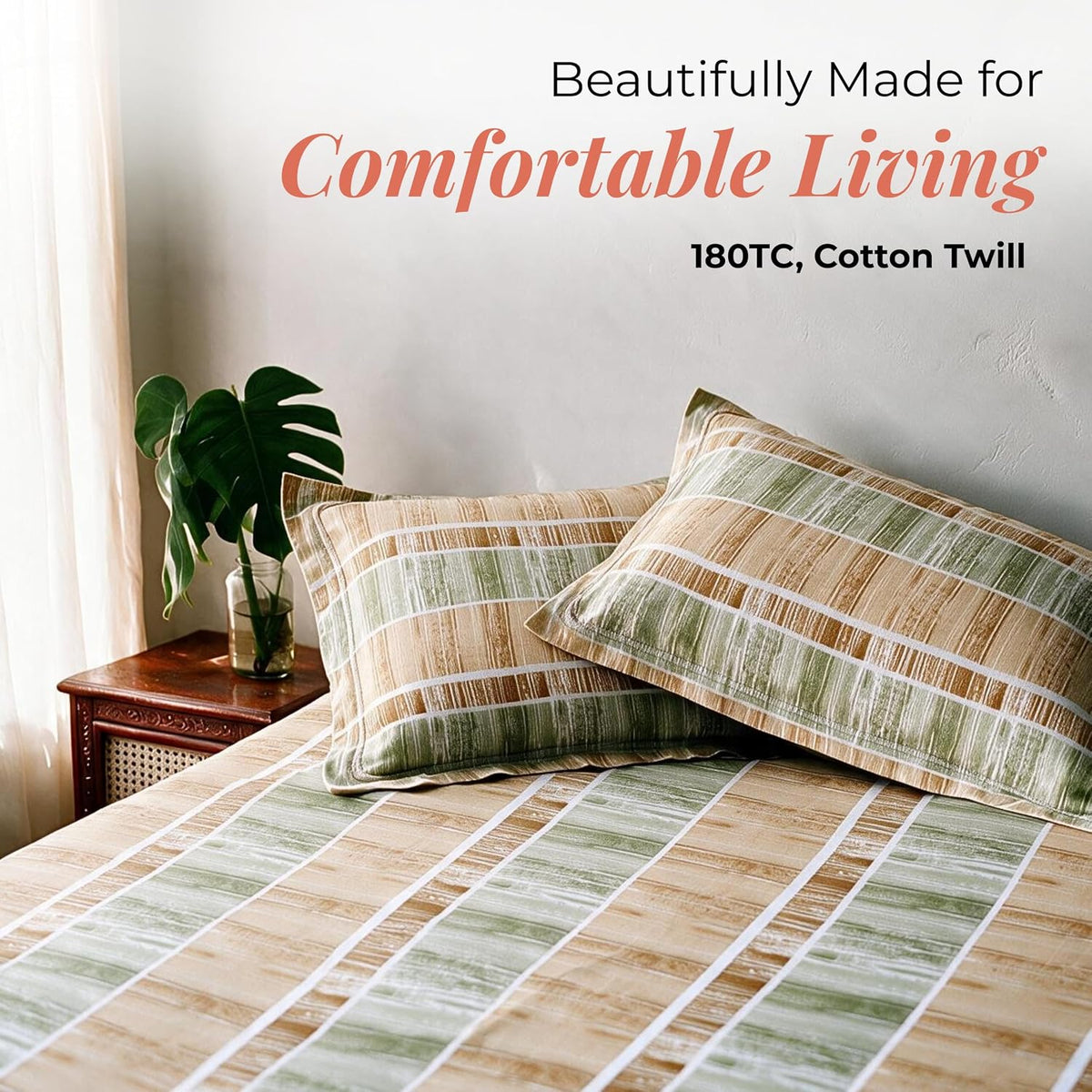 HOKIPO 180 TC Cotton Twill Flat Bedsheet in King Size, Mustard & Green - image 2