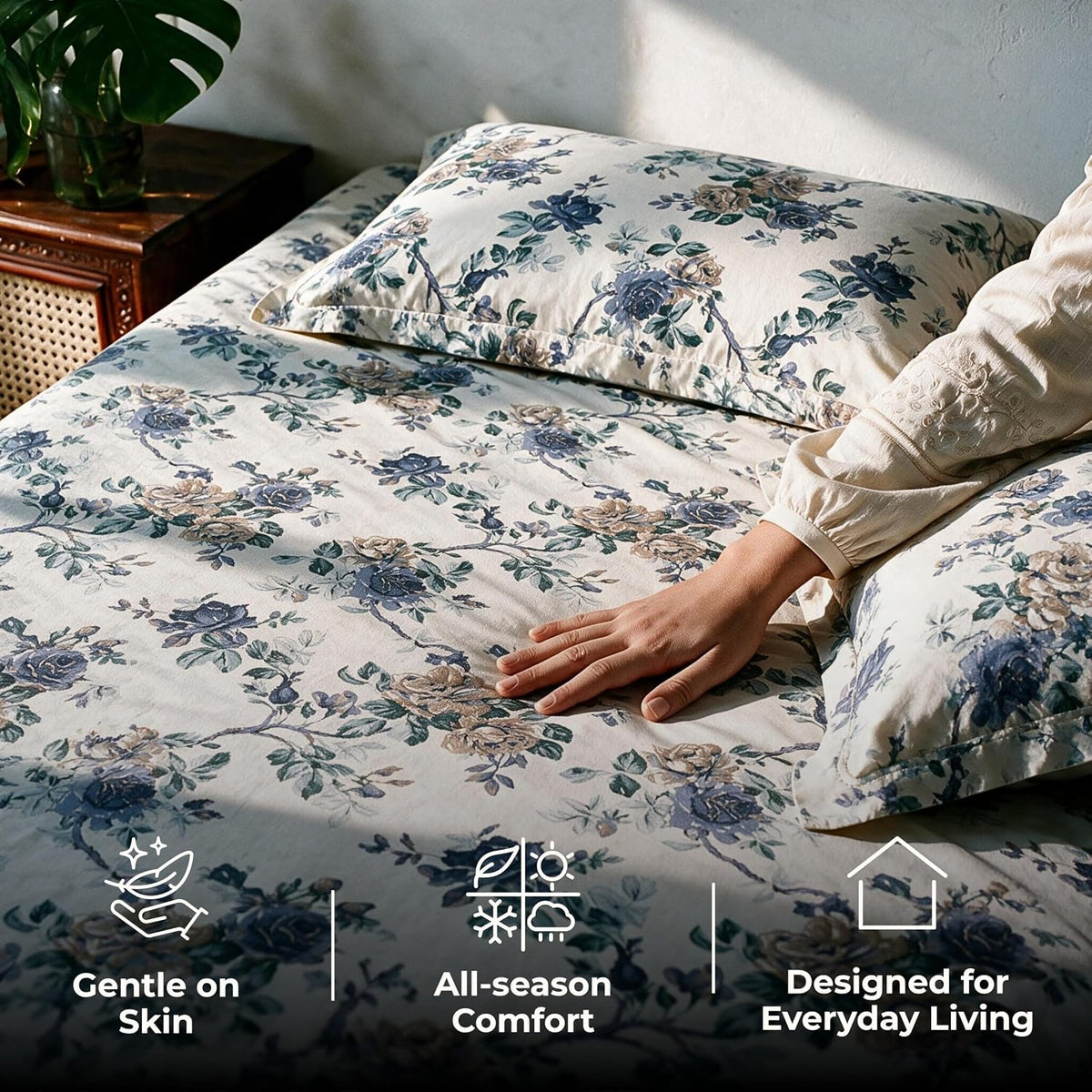 HOKIPO Floral 180 TC Cotton Twill Flat Bedsheet in King Size, Blue & White - image 4