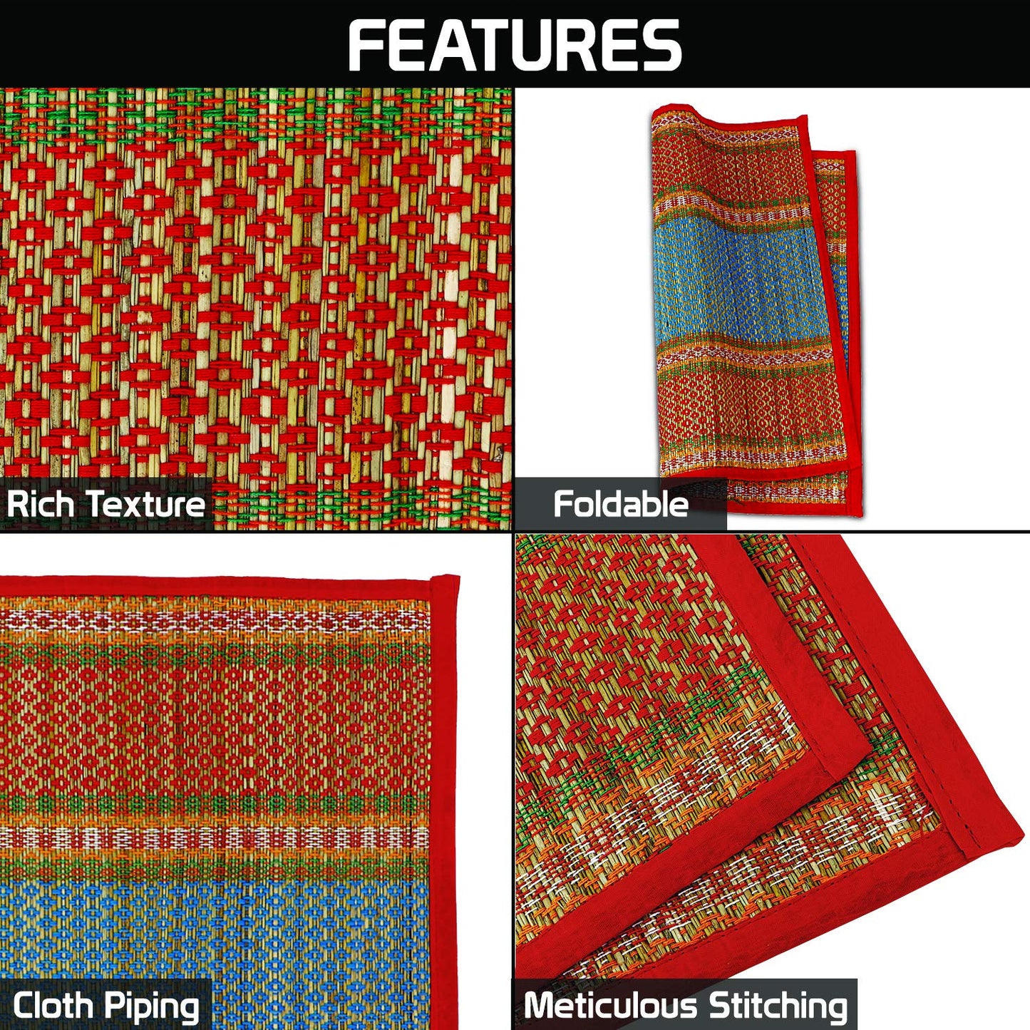Natural River Grass Handcrafted Pooja Floor Mats/Meditation Prayer Mat/Sittting Mat/Aasan Mat Chatai for Pack of 2/4/6/8, Red