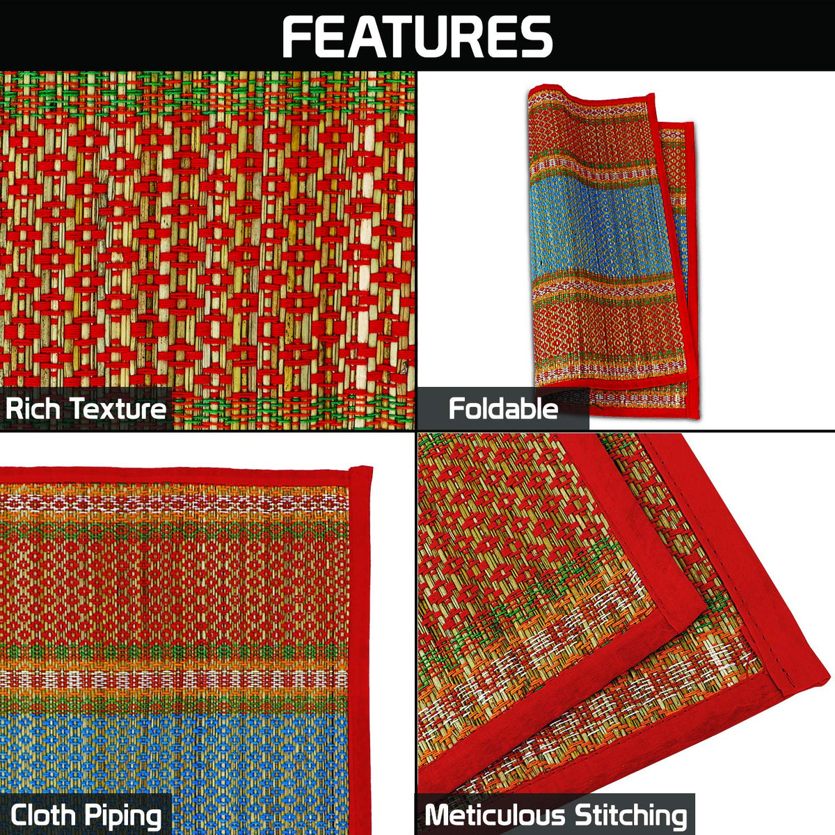 Natural River Grass Handcrafted Pooja Floor Mats/Meditation Prayer Mat/Sittting Mat/Aasan Mat Chatai for Pack of 2/4/6/8, Red