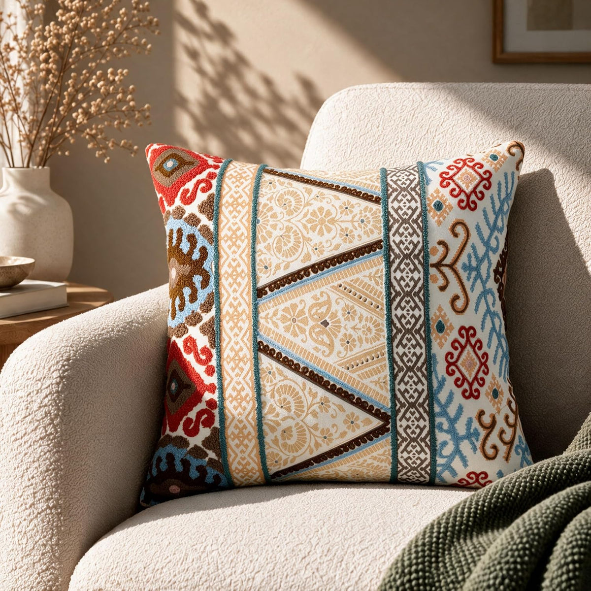 HOKIPO Bouclé Embroidered Cushion Cover, Geometric Stripe Beige, 16 x 16 in - image 1
