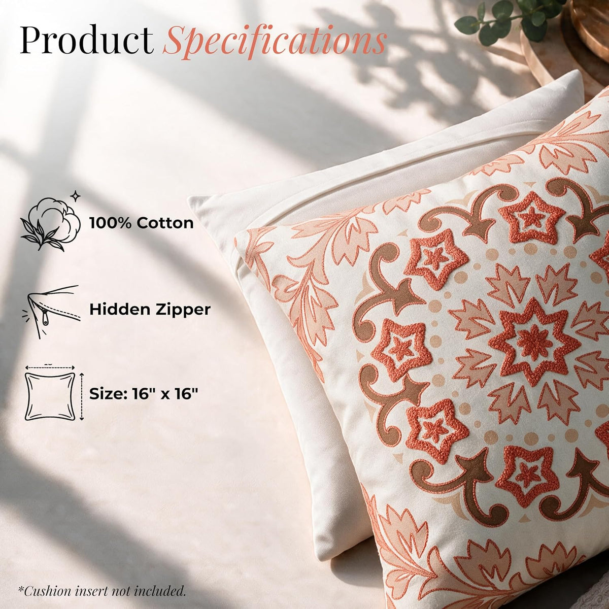 HOKIPO Bouclé Embroidery Cushion Cover , Coral Red, 16 x 16 in - image 4