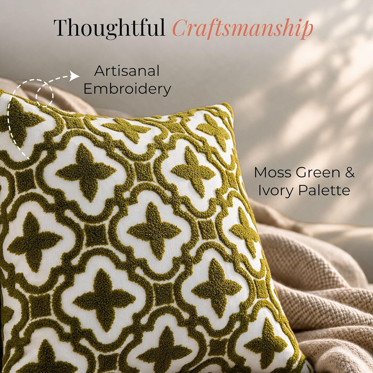 HOKIPO Crewel Bouclé Embroidered Cushion Cover, Green, 16 x 16 in - image 3