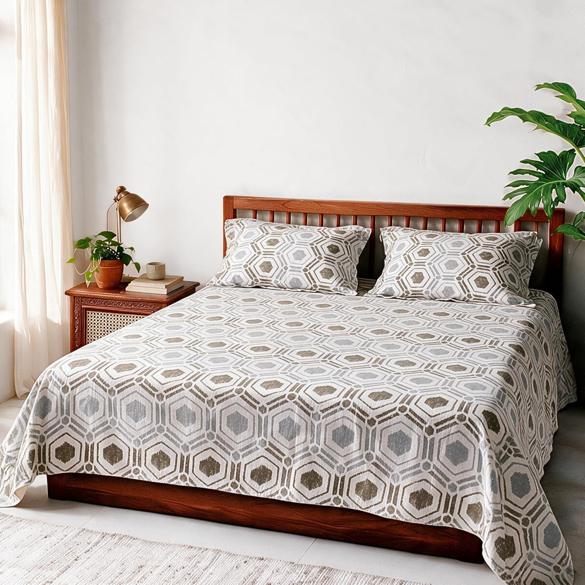 HOKIPO Geometric 180 TC Cotton Percale Flat Bedsheet, King Size, Green Teal - image 8