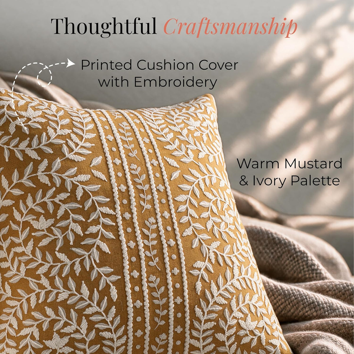 HOKIPO Printed Cushion Cover with Embroidery, Botanical Stripe Mustard, 16 x 16 in - image 3