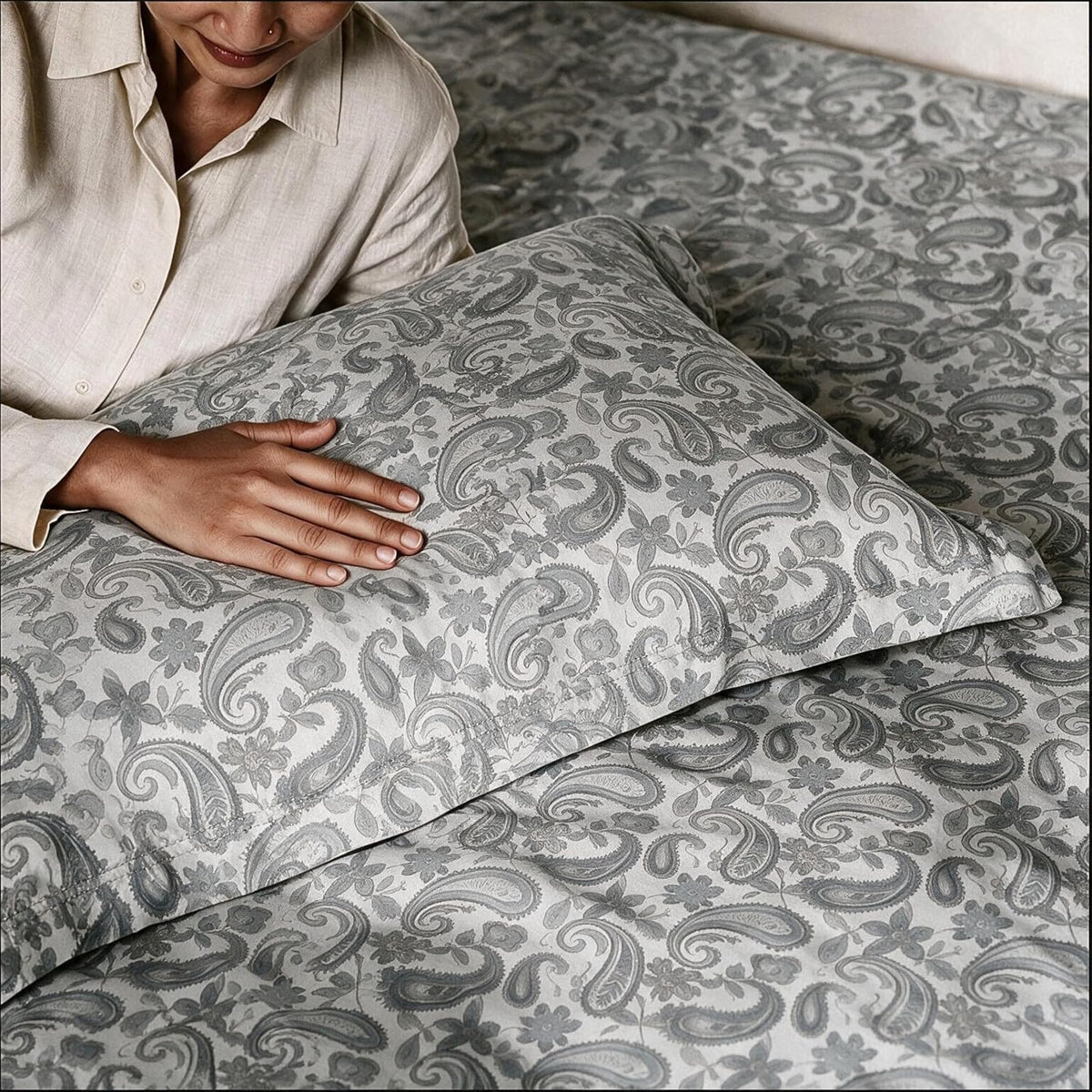 HOKIPO Timeless Paisley 300 TC Cotton Sateen Flat Bedsheet, King Size, Grey - image 7