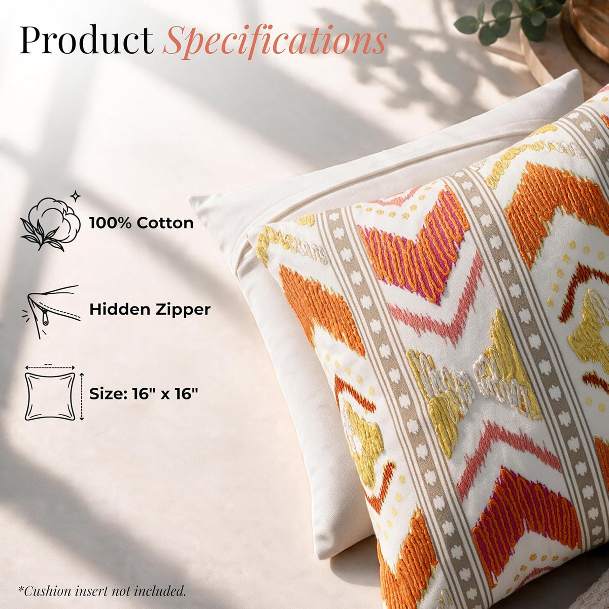 HOKIPO Printed Cushion Cover with Embroidery, Boho Chevron Jasper Orange, 16 x 16 in - image 4