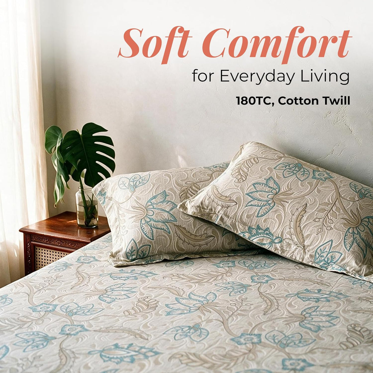 HOKIPO Floral 180 TC Cotton Twill Flat Bedsheet in King Size, Aquamarine - image 2